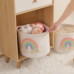 INough large-capacity basket pictured in living room for quick cleanups.