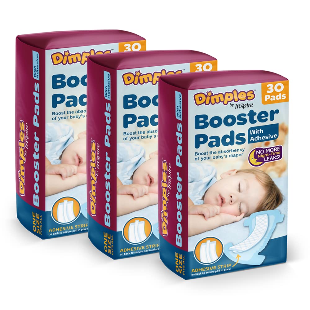 Inspire Dimples Booster Pads packaging shows adhesive strip for secure diaper placement.