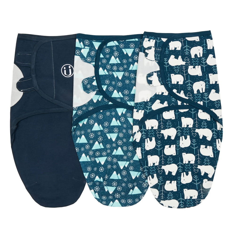 Insular bear-design swaddle sacks front view with adjustable Velcro wings for a secure fit.