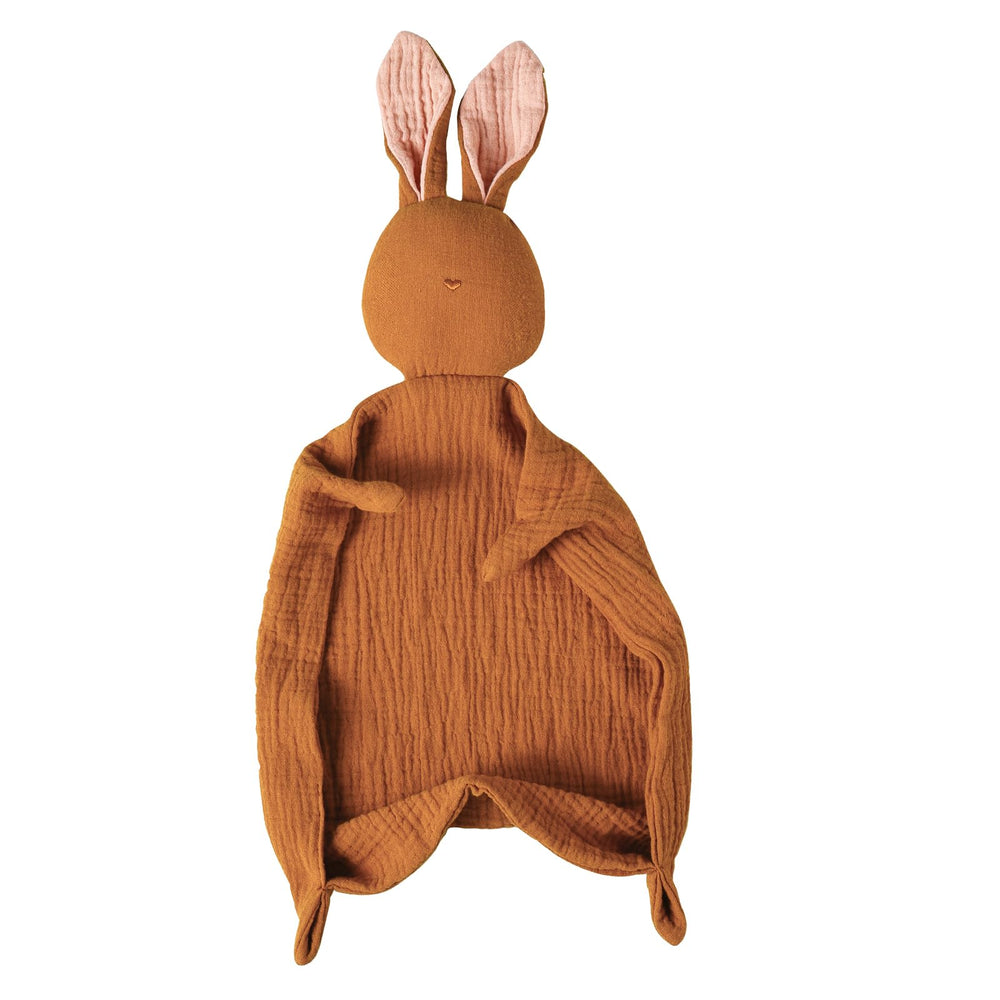 Insular Bunny Lovey Blanket caramel close-up showing soft organic muslin for calming comfort.