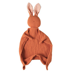Insular Bunny Lovey Blanket closeup shows soft organic muslin texture for soothing baby comfort.