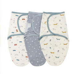 Insular car-dachshund swaddle pattern promotes cozy newborn cuddles.