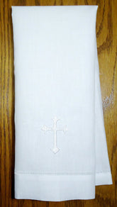 Integrity Designs white linen baptism cloth centers a cross, ideal for baptism ceremonies and bread tray covers.