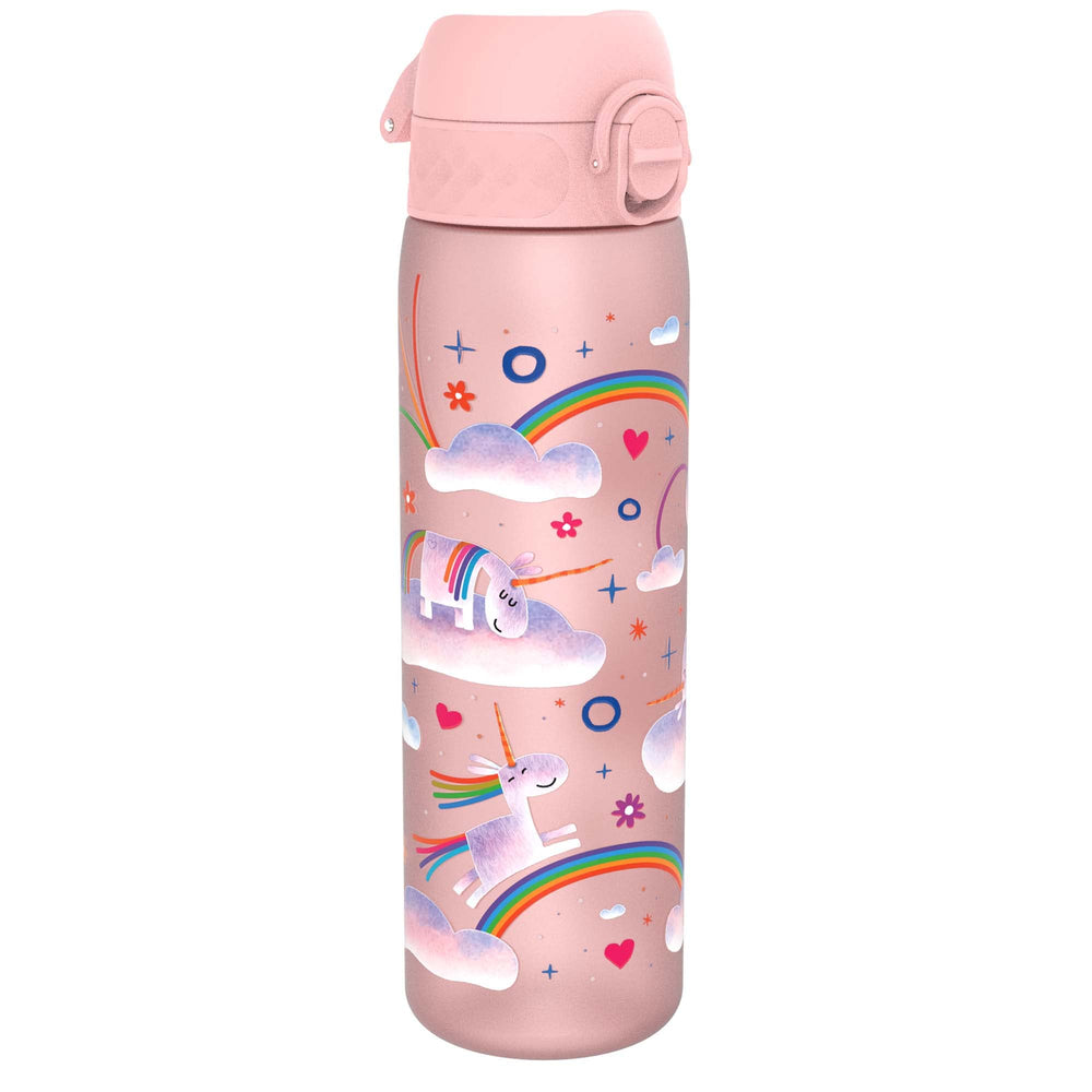 Ion8 water bottle in pink unicorn rainbows design provides 500 ml capacity for everyday hydration.
