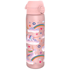 Ion8 water bottle in pink unicorn rainbows design provides 500 ml capacity for everyday hydration.