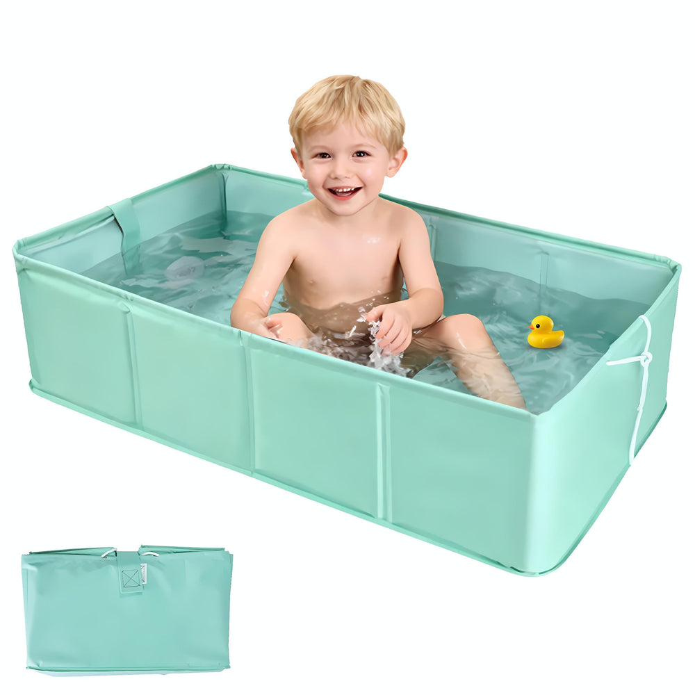 IQYIQY collapsible baby bathtub folded flat for space-saving travel storage.