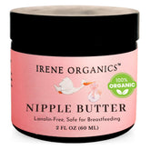 Irene Organics nipple balm in amber jar close-up showing baby-safe hydration.