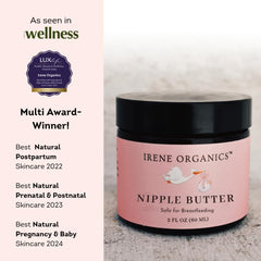 Irene Organics nipple balm being applied to skin for soothing moisture.