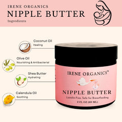 Irene Organics nipple balm glass amber jar packaging on display.