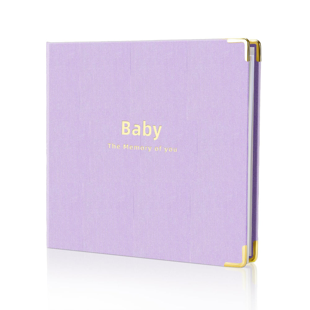 Iridipity baby book cover with linen texture and gold embossing for a premium keepsake