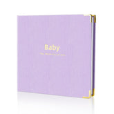 Iridipity baby book cover with linen texture and gold embossing for a premium keepsake