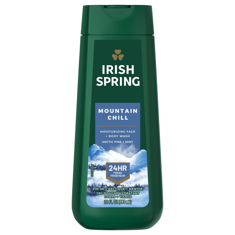 Irish Spring Mountain Chill bottle closeup for a refreshing morning ritual.