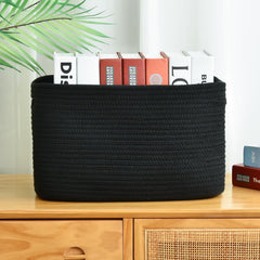 Issudata basket with three-heeled braided rope handle enables easy carrying.