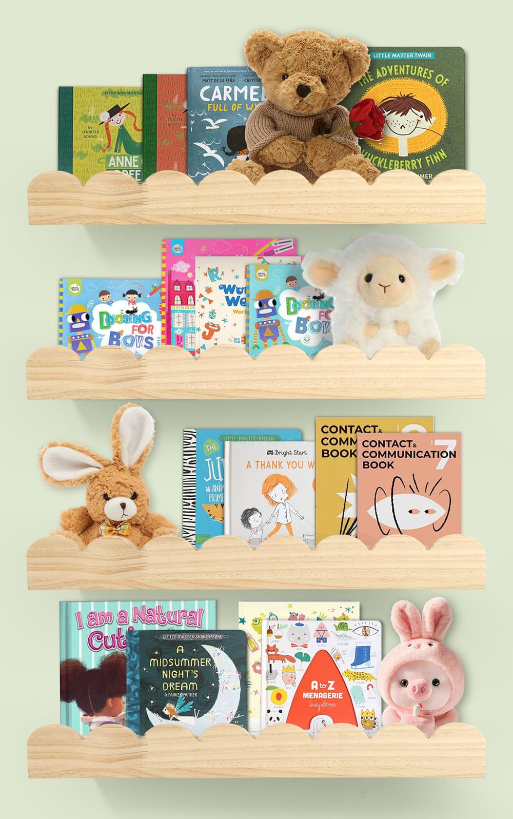 Iswabard nursery shelves hero on wall showing four floating scalloped shelves for organized storage