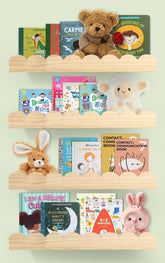 Iswabard nursery shelves hero on wall showing four floating scalloped shelves for organized storage