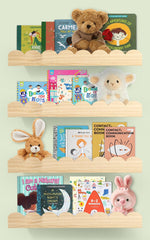 Iswabard nursery shelves hero on wall showing four floating scalloped shelves for organized storage