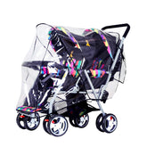 ITODA Tandem Twins rain cover unfolded over double stroller for all-weather protection.