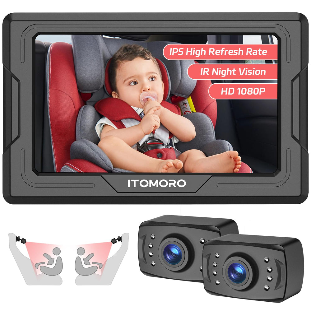 Itomoro baby car camera dual-display view for monitoring two scenes simultaneously.
