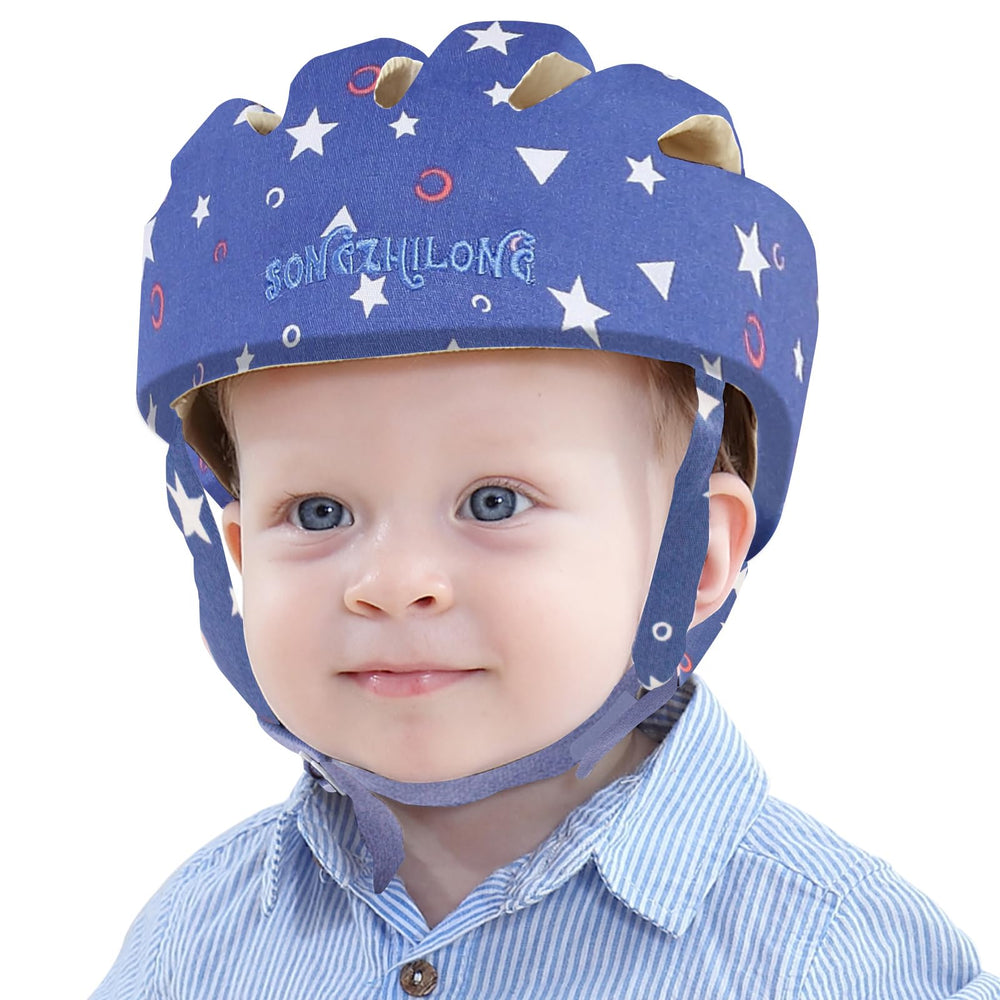 IULONEE Baby Head Protector Starry Blue front view provides gentle head cushioning during learning to walk