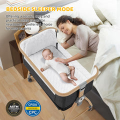 IUVKIMOM bedside bassinet attached to bed with baby inside for easy nighttime access.