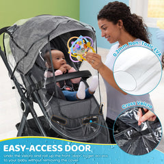 IvyWind rain cover ventilation slits provide airflow for baby comfort.