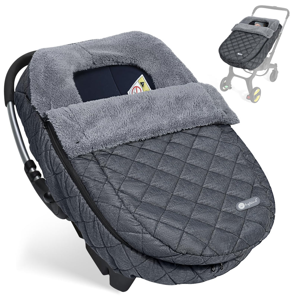 IvyWind Winter Car Seat Cover showing button-secured wind protection for warmth.