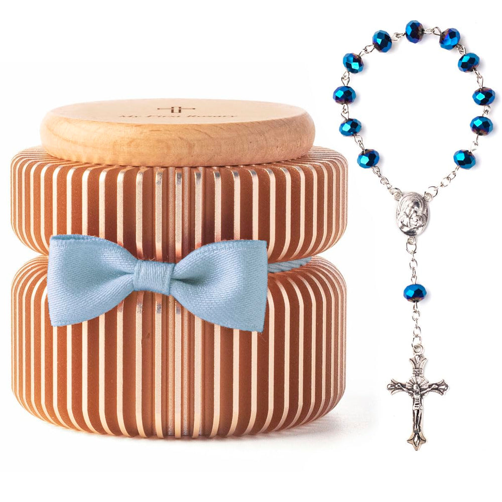 iwoohome Catholic baptism gift set blue rosary box, ready-to-gift keepsake