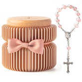 iwoohome my first rosary box pink gold closeup shows the engraved lid and keepsake theme
