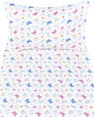 J-pinno butterfly rainbow fitted sheet designed for easy, cozy nursery beds.