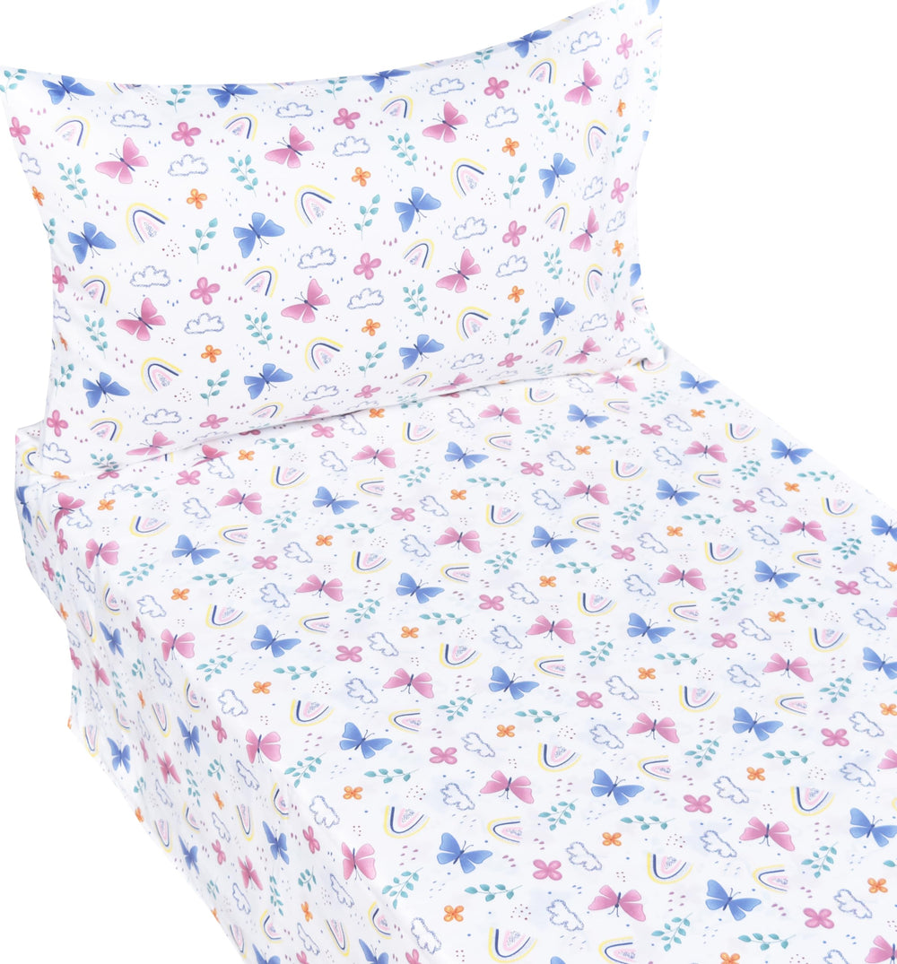 J-pinno butterfly rainbow flat sheet offers breathable comfort for toddlers' sleep.