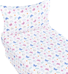 J-pinno butterfly rainbow flat sheet offers breathable comfort for toddlers' sleep.