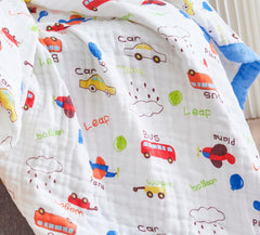 J-pinno Cars Cute Muslin Blanket on crib, breathable comfort for nap times.