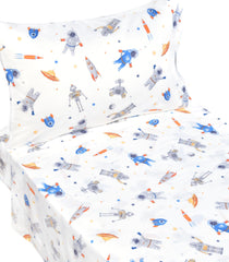 J-pinno robot-astronaut flat sheet closeup shows breathable 100% cotton for cozy sleep.