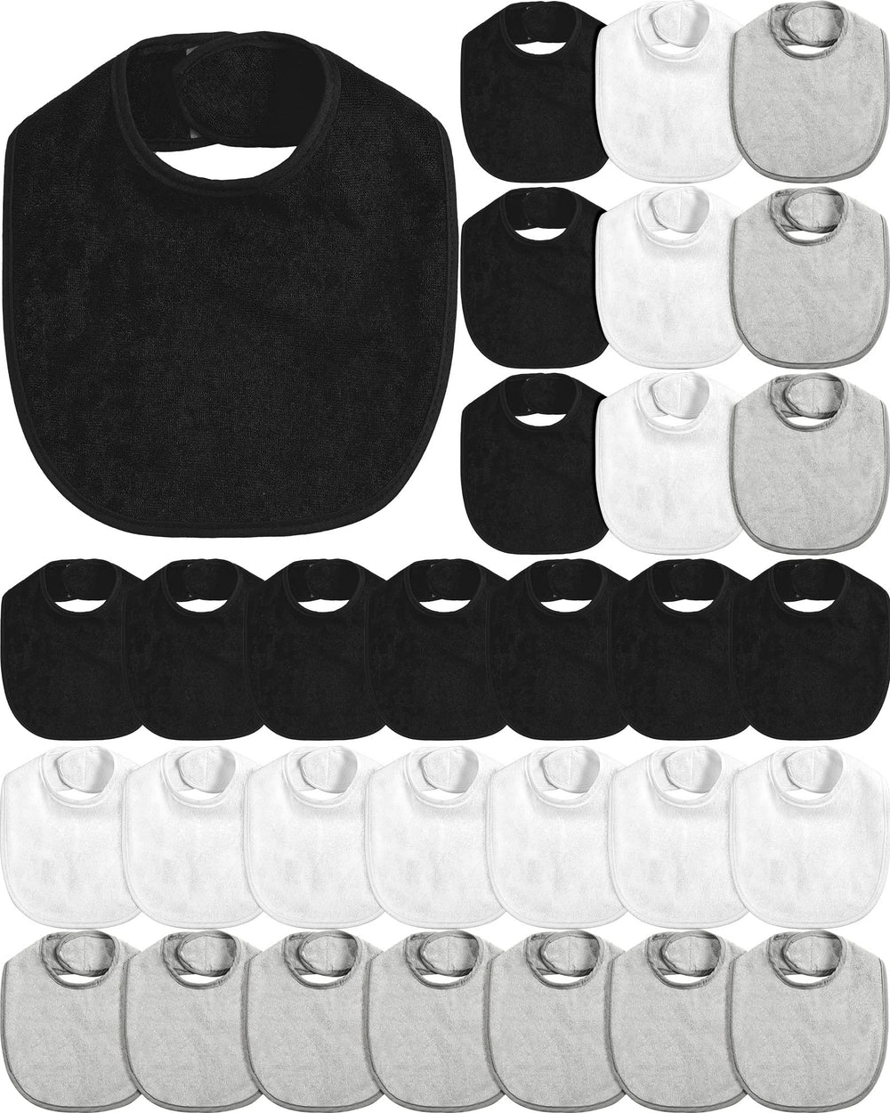 JaGely baby bibs multicolor pack showing white gray and black colors.