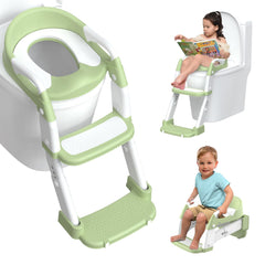 Jabaka Circle potty seat step stool green side view highlights sturdy ladder for easy climbs.