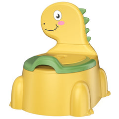 Jabaka Circle Potty yellow dinosaur with lid open supports easy potty independence.