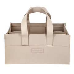 Jac and Jil Teddy Beige diaper caddy top view shows organized newborn essentials at a glance.