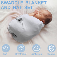 JaGely baby swaddled with hat in light gray, snug, gentle wrap.