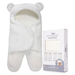 Jam Naturals baby swaddle blanket white hooded closeup highlights plush organic fabrics and cozy feel