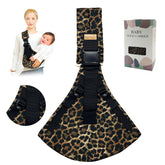 Jamyum leopard print baby sling worn for secure hands-free carry.