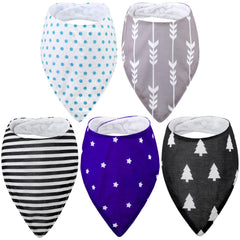 Janmercy 5-pack adult bibs packshot with neutral patterns for versatile outfits