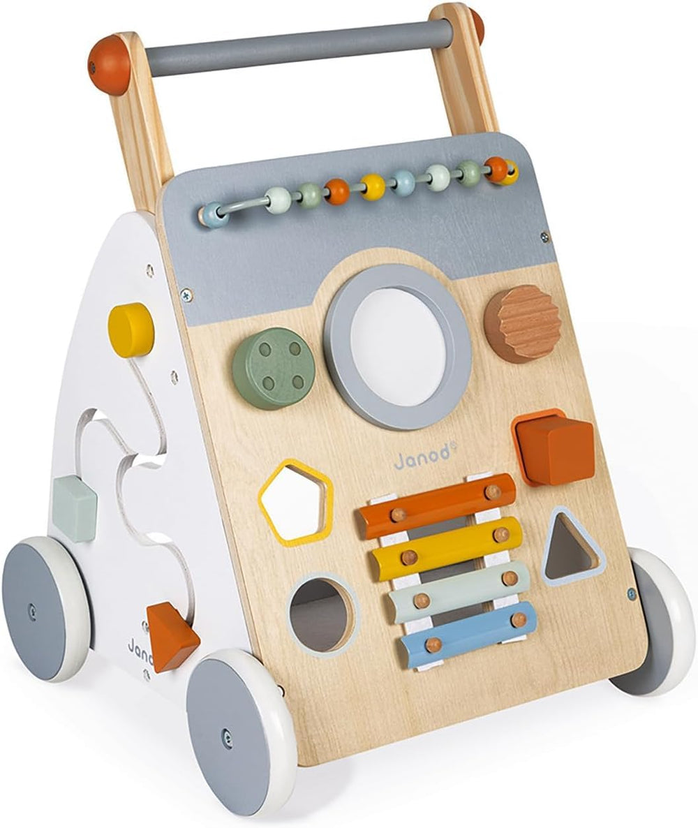 Janod Sweet Cocoon walker front view highlights sturdy wood and easy-grip handles for early steps.