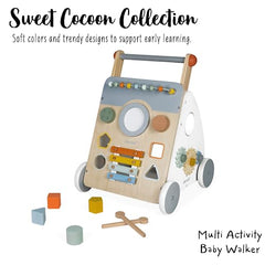 Janod Sweet Cocoon walker side view shows compact size for versatile play spaces and practice.