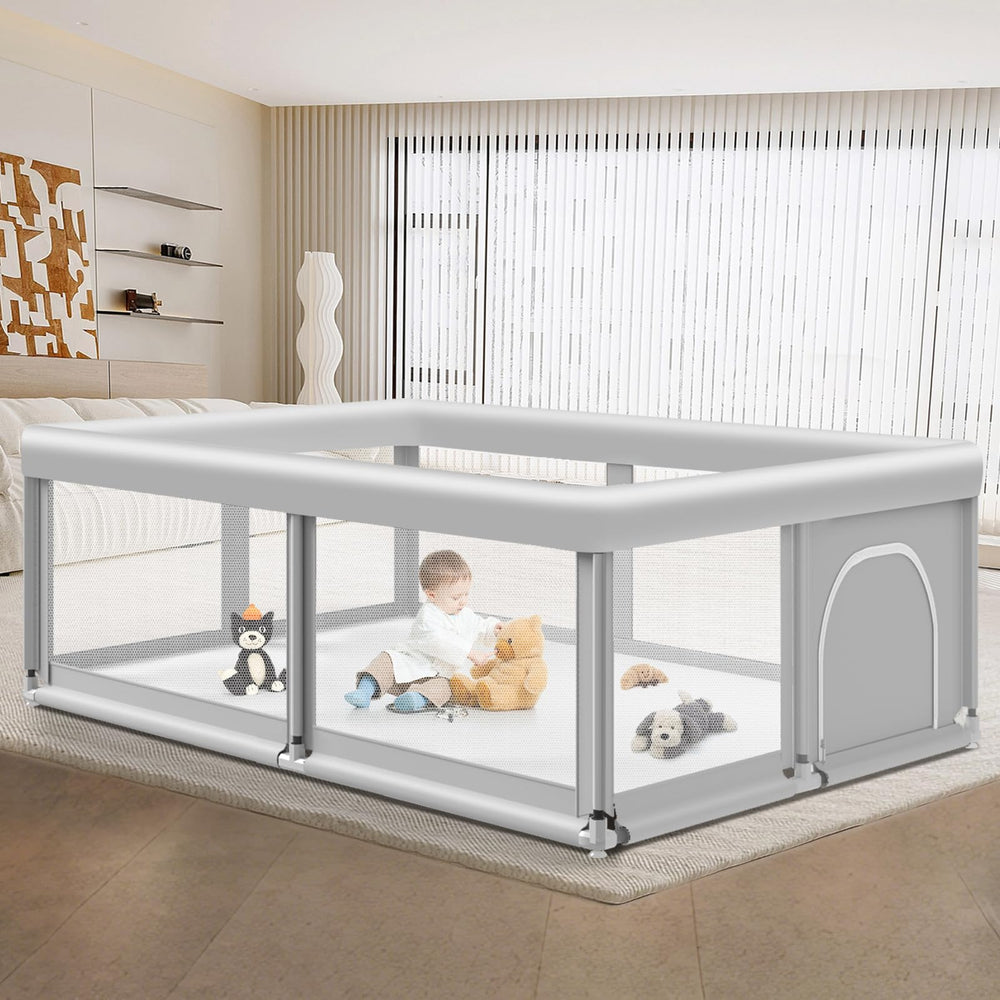 Jaobeem large playpen interior setup offers a spacious 74x50 area for safe exploration.