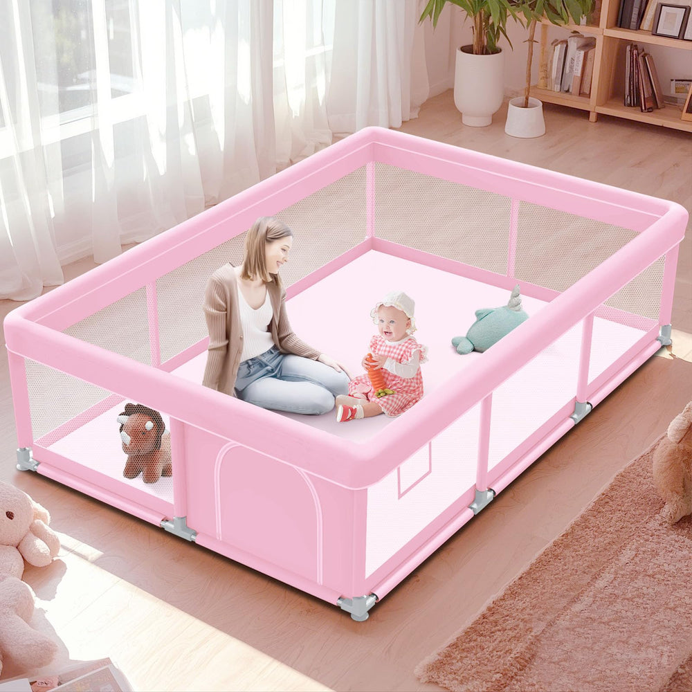 Jaobeem pink baby playpen side view shows a safe toddler enclosure at a glance.
