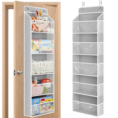 JARLINK toy storage over-door organizer in light grey with clear windows for quick viewing.