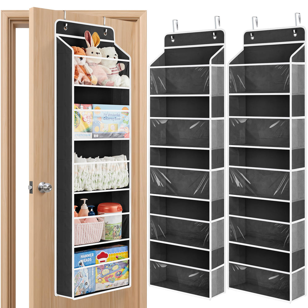 JARLINK over-the-door toy storage with clear windows for quick toy access.
