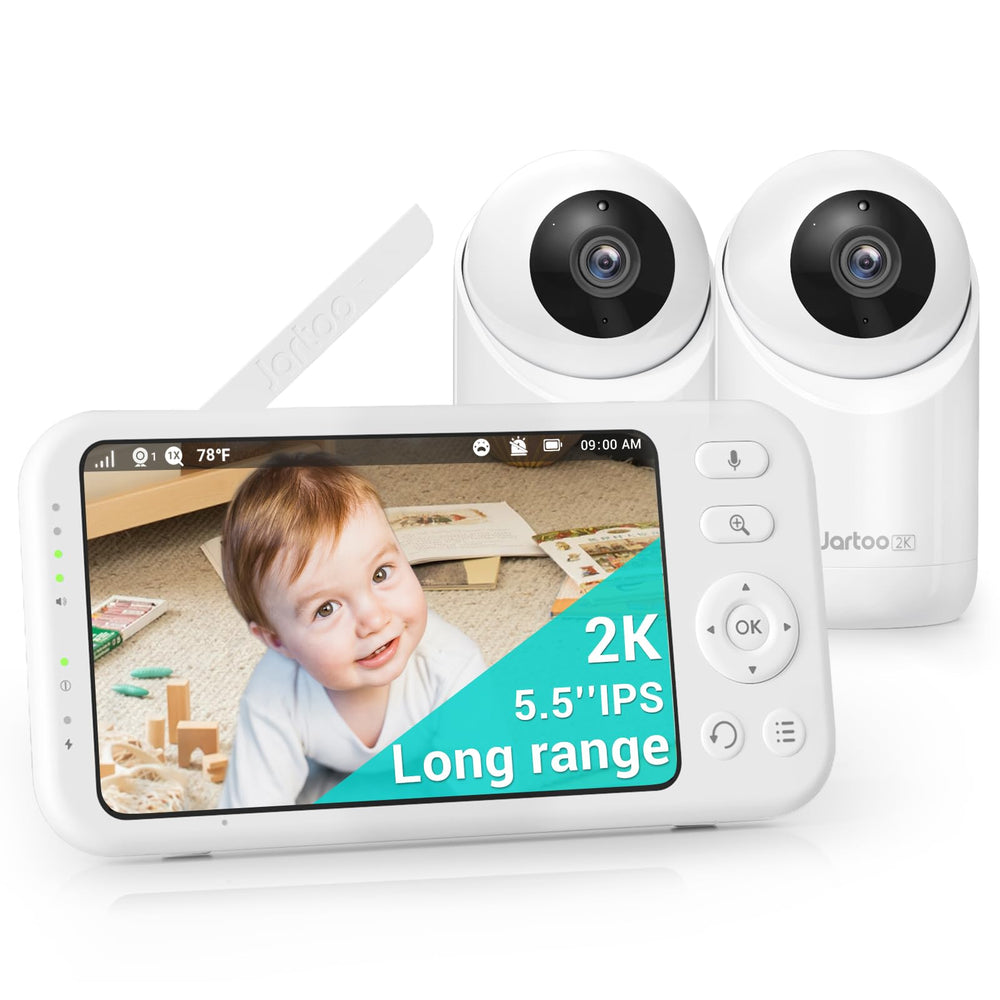 Jartoo 2K video monitor with dual cameras display for day and night monitoring.