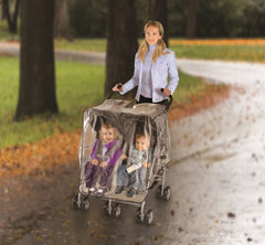 Jeep weather shield in use on a stroller during rain shows full coverage.