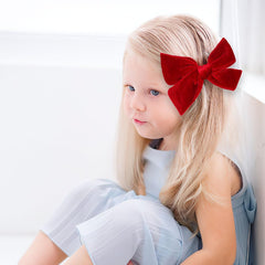 Jeffan velvet hair bow red clip-on worn for cute ponytail styling